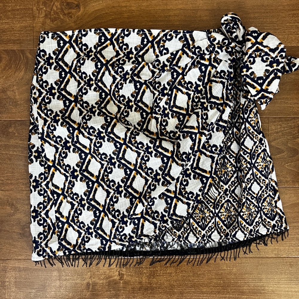 ZARA small blue yellow cream beaded wrap skirt NWT